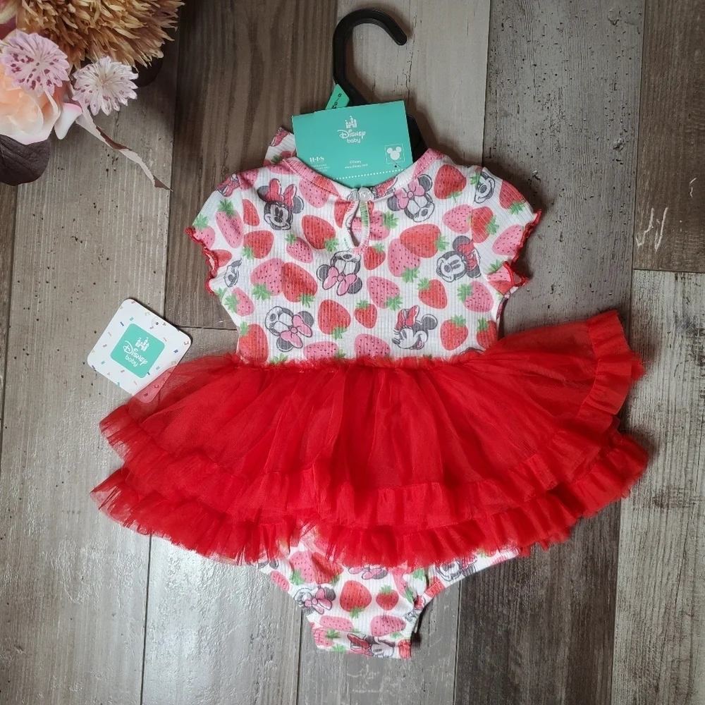 NWT Disney Baby Minnie Mouse Red & Pink Strawberry Romper w/ Headband 6/9 Months